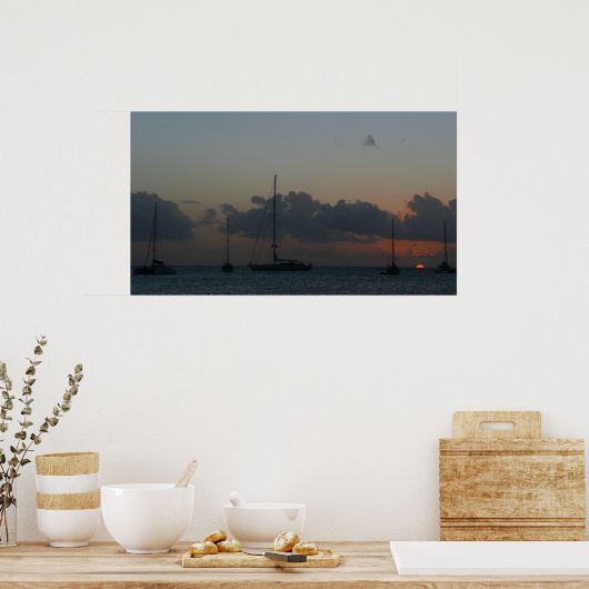 サンセットに帆船トロピカルシースケープ ポスター (キッチン)