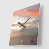 サンセットに帆船ビューティフルピンクシースケープ スクエア壁時計 (傾斜)