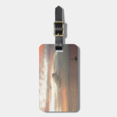 サンセットに帆船ビューティフルピンクシースケープ ラゲッジタグ (正面縦)