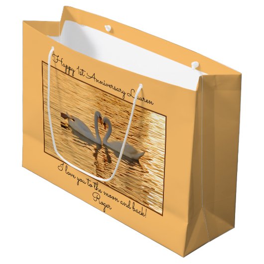 サンセットのアニマル写真でMsg Swanカップル ラージペーパーバッグ (正面アングル)