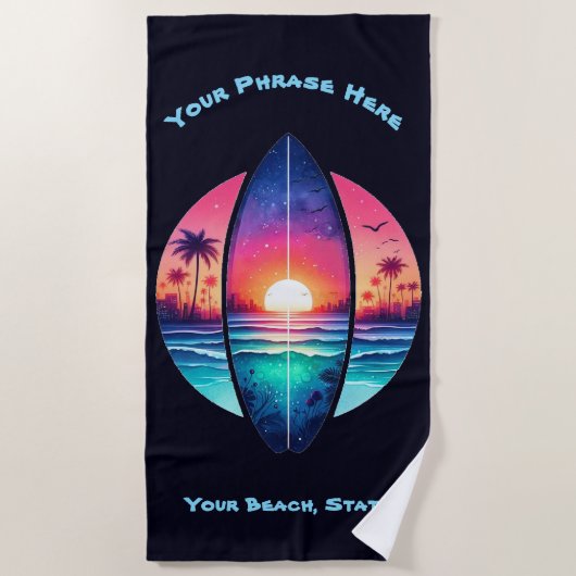 サンセットのサーフボード ビーチタオル (正面)