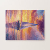 サンセットの帆船絵を描船 ジグソーパズル (横)