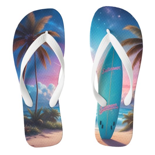 サンセットの熱帯ビーチのサーフボード。 ビーチサンダル (フットベッド)