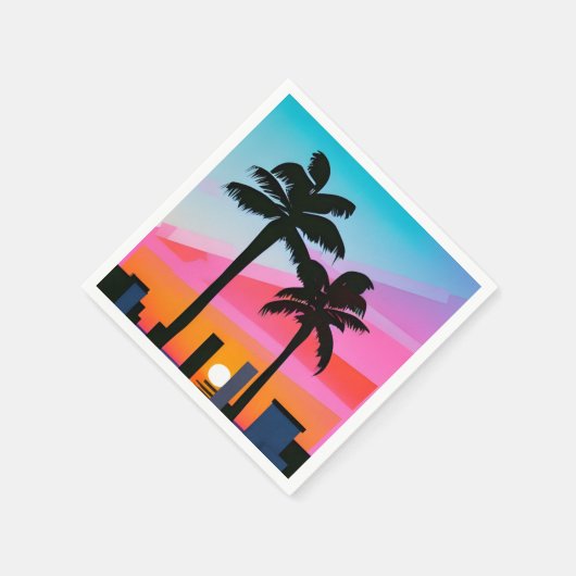 サンセットの熱帯性のヤシの木 – 80s Art スタンダードカクテルナプキン (角)