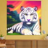 サンセットの背景に対するホワイトベンガルトラ キャンバスプリント (インサイチュ (リビング))