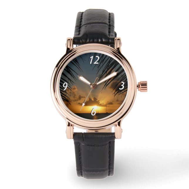 サンセットウィズパームフロンズトロピカルシースケープ 腕時計 (正面)