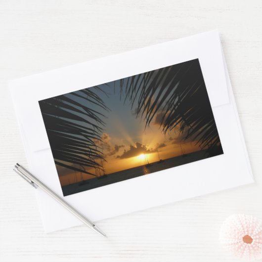 サンセットウィズパームフロンズトロピカルシースケープ 長方形シール (封筒)