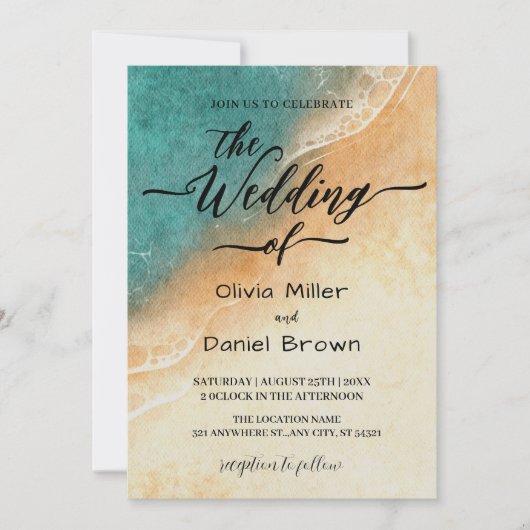 サンセットウォーターカラーショアリントロピカルビーチ結婚式 招待状 (正面)