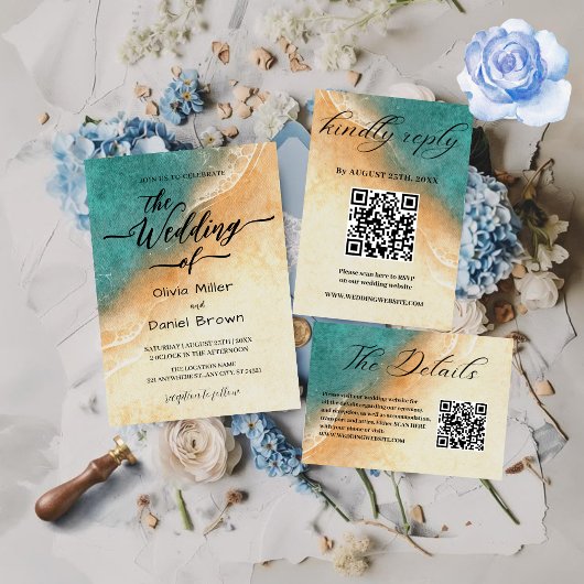 サンセットウォーターカラーショアリントロピカルビーチ結婚式 招待状