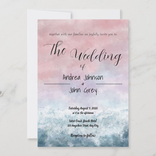 サンセットウォーターカラー海ブルー結婚式招待状 招待状 (正面)