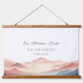 サンセットウォーターカラー結婚マウンテンズゲストブック 吊り下げ型タペストリー