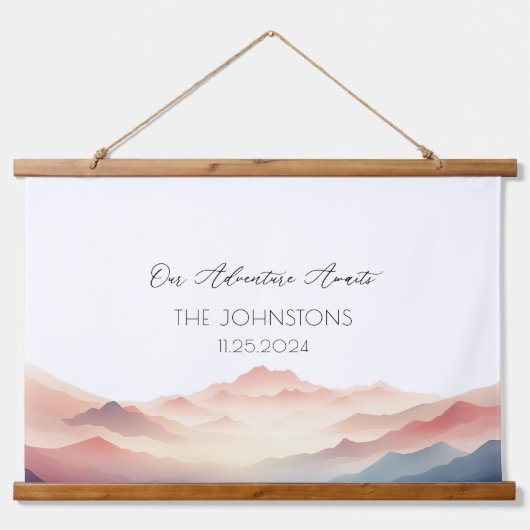 サンセットウォーターカラー結婚マウンテンズゲストブック 吊り下げ型タペストリー (正面)