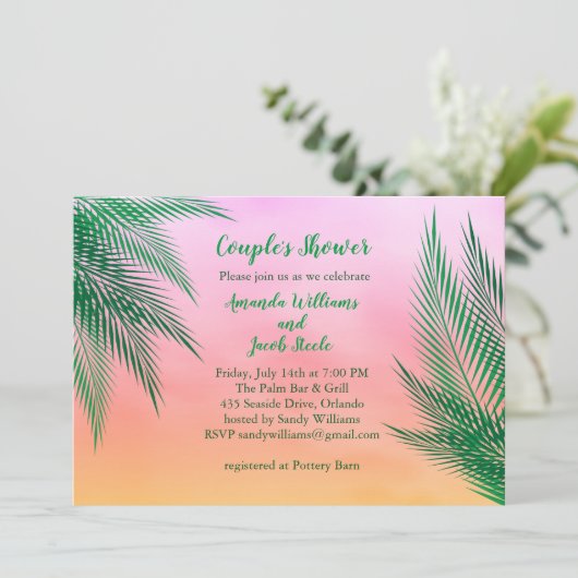 サンセットウォーターカラー葉パームズのカップルのシャワー 招待状 (スタンド正面)