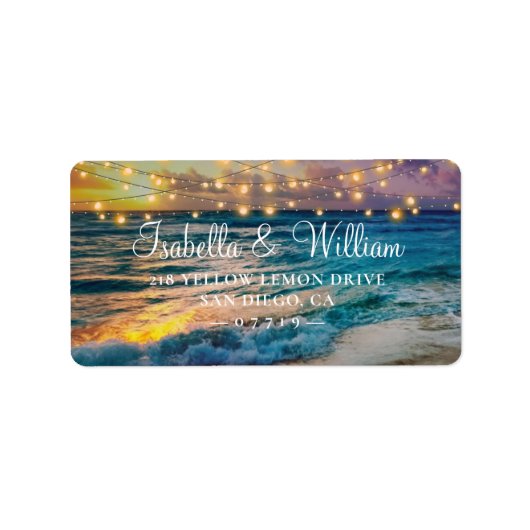 サンセットエレガントビーチストリングライトサマー結婚ズ ラベル (正面)