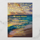 サンセットエレガントビーチストリングライトサマー結婚ズ 箔招待状 (正面)