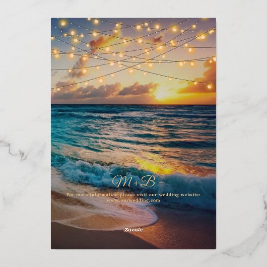 サンセットエレガントビーチストリングライトサマー結婚ズ 箔招待状 (裏面)