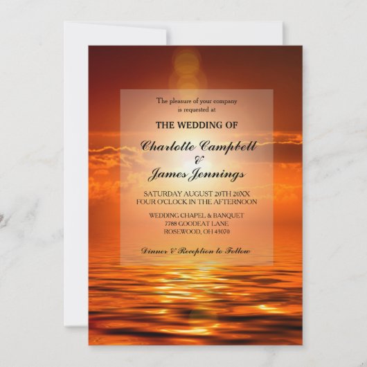 サンセットオレンジのゴールドスカイシーゴールドの結婚式招待状 (正面)