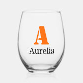 サンセットオレンジエレガントイニシャルブラックネーム |モダン | ステムなしワイングラス (正面)