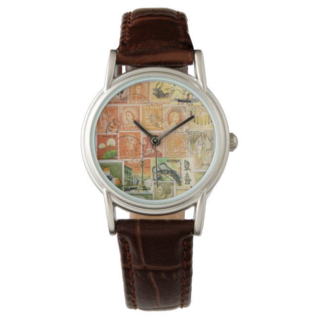 サンセットオレンジグリーン腕時計、切手アート 腕時計 (正面)