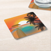 サンセットオンビーチとヤシの木 スクエアペーパーコースター (アングル)