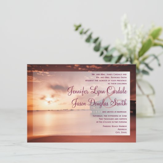 サンセットオンビーチハーバーパープル結婚式招待状 招待状 (スタンド正面)