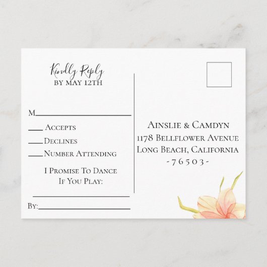 サンセットオーガニックフローラウェディングRSVP曲要求 インビテーションポストカード (裏面)