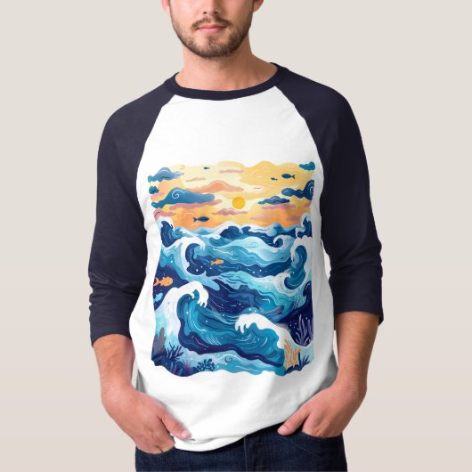 サンセットオーシャンウェーブTシャツ - アーティスティックな海と空のデザイン Tシャツ (正面)