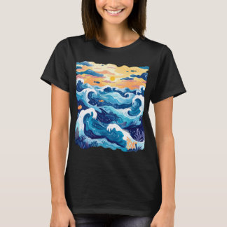 サンセットオーシャンウェーブTシャツ - 海と空の芸術的デザイン Tシャツ