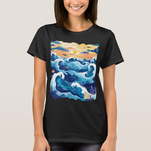 サンセットオーシャンウェーブTシャツ - 海と空の芸術的デザイン Tシャツ (正面)