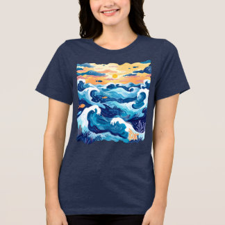 サンセットオーシャンウェーブTシャツ - 海と空の芸術 トライブレンドＴシャツ