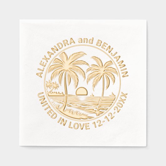 サンセットオーバービーチパーム結婚ツリーのカップル 箔ナプキン (正面)