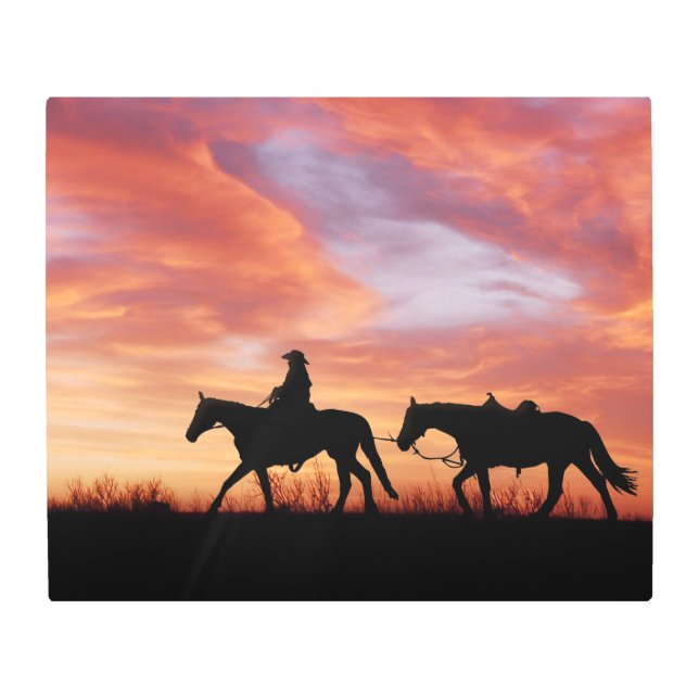 サンセットカウボーイと馬のシルエット メタルプリント (正面)