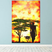 サンセットキャンバスに槍を入れたアフリカのハンター キャンバスプリント (インサイチュ (ウッドフロア))