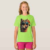 サンセットギフトアイディアにサングラスを持つオオカミ犬 Tシャツ (正面フル)