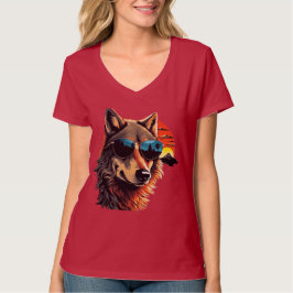 サンセットギフトアイディアにサングラスを持つオオカミ犬 Tシャツ