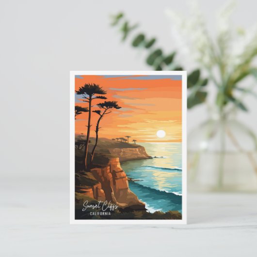 サンセットクリフスカリフォルニアトラベルイラストレーション ポストカード (スタンド正面)