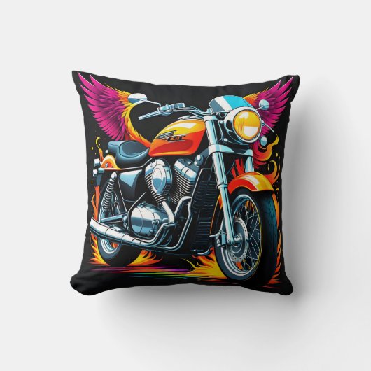 サンセットグローの鮮やか翼を持つ炎のオートバイ クッション (正面)
