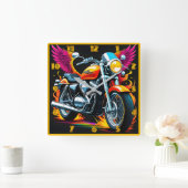 サンセットグローの鮮やか翼を持つ炎のオートバイ スクエア壁時計 (ホーム)