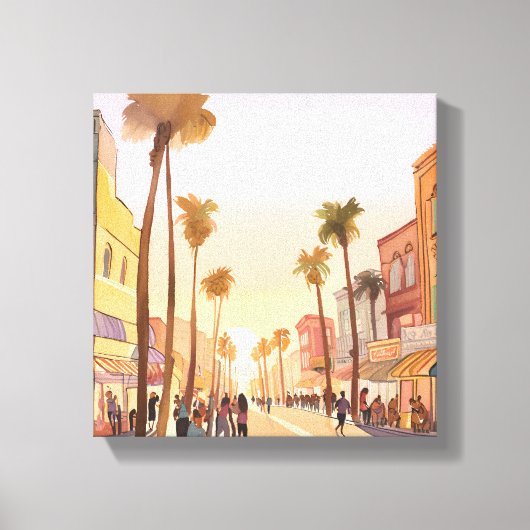 サンセットコースタルタウン | パームツリーコースタルウォーター色 キャンバスプリント (正面)