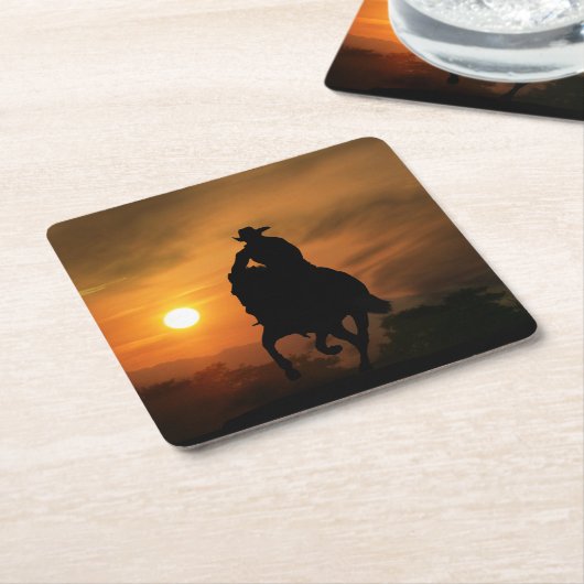 サンセットコースターのカウボーイと馬 スクエアペーパーコースター (アングル)