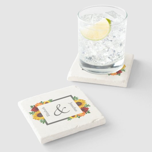 サンセットサンフラワーバラ結婚フローラ ストーンコースター (横)