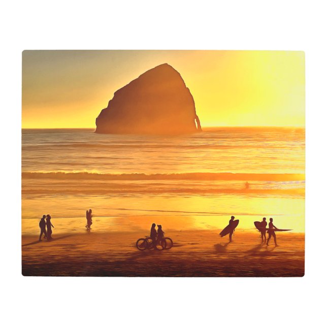 サンセットサーフィンとサイクリングケープキワンダオレゴン メタルプリント (正面)