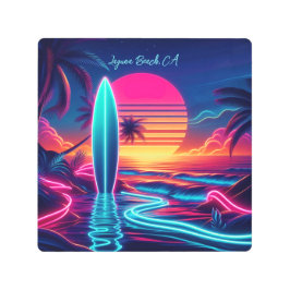 サンセットサーフボードネオンライト –  メタルプリント