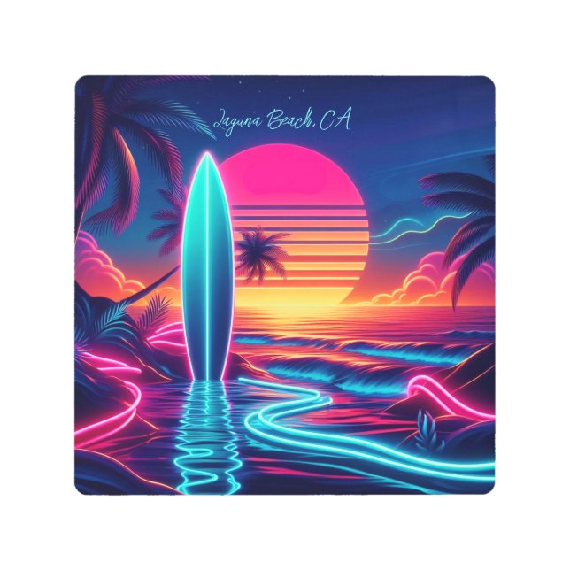 サンセットサーフボードネオンライト –  メタルプリント (正面)