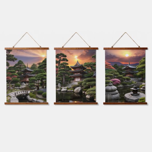 サンセットシリーズ日本のガーデン 吊り下げ型タペストリー (トリプル)