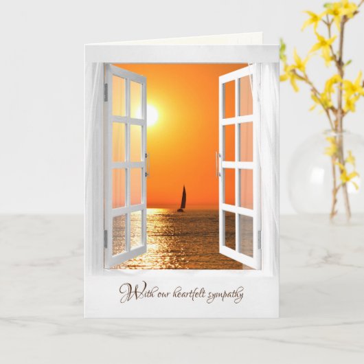 サンセットシルボート付き開いた白い窓悔やみや弔慰 カード (黄色い花)