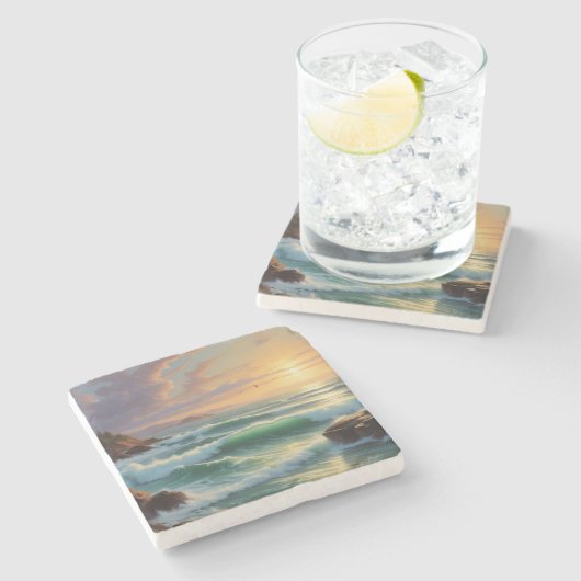 サンセットシースケー絵を描プのアートワーク ストーンコースター (横)