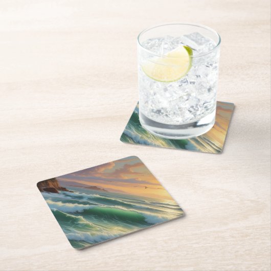 サンセットシースケー絵を描プのアートワーク ペーパーコースター (インサイチュ)