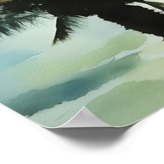 サンセットスカイウォーター色の熱帯性ヤシの木4本 ポスター (角)