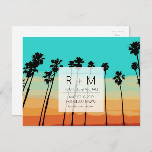サンセットスカイトロピカルウェディングの日付を保存 案内ポストカード (正面/裏面)